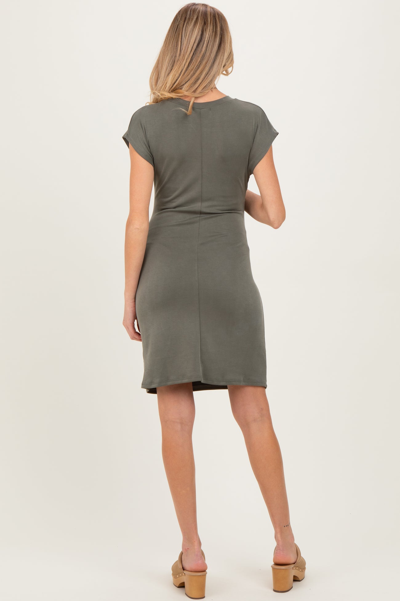 Olive Side Ruched Short Sleeve Maternity Mini Dress