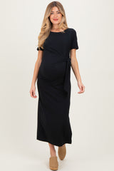 Black Short Sleeve Waist Tie Side Slit Maternity Maxi Dress