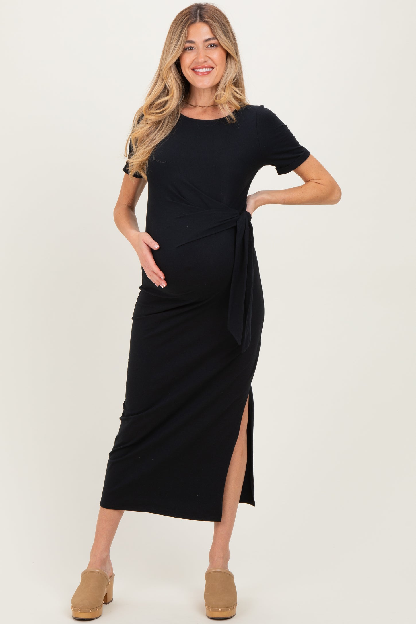 Black Short Sleeve Waist Tie Side Slit Maternity Maxi Dress