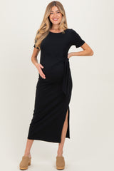 Black Short Sleeve Waist Tie Side Slit Maternity Maxi Dress