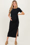 Black Short Sleeve Waist Tie Side Slit Maternity Maxi Dress