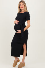 Black Short Sleeve Waist Tie Side Slit Maternity Maxi Dress