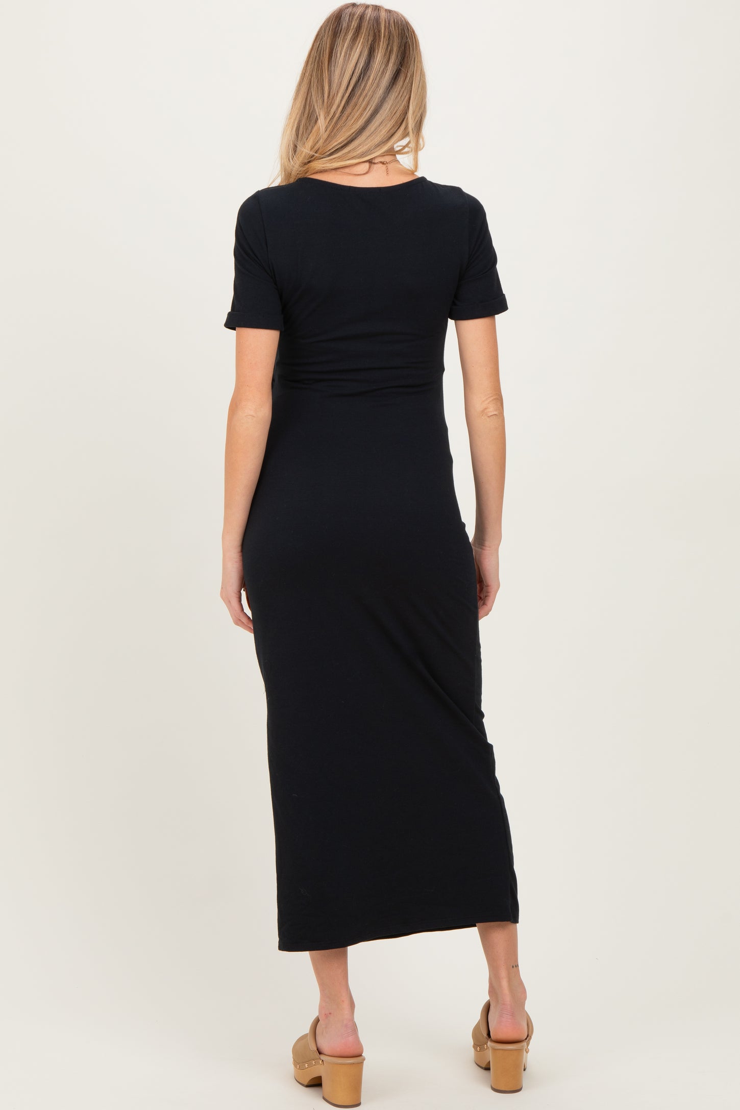Black Short Sleeve Waist Tie Side Slit Maternity Maxi Dress