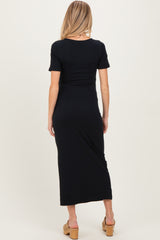 Black Short Sleeve Waist Tie Side Slit Maternity Maxi Dress