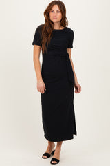 Black Short Sleeve Waist Tie Side Slit Maxi Dress