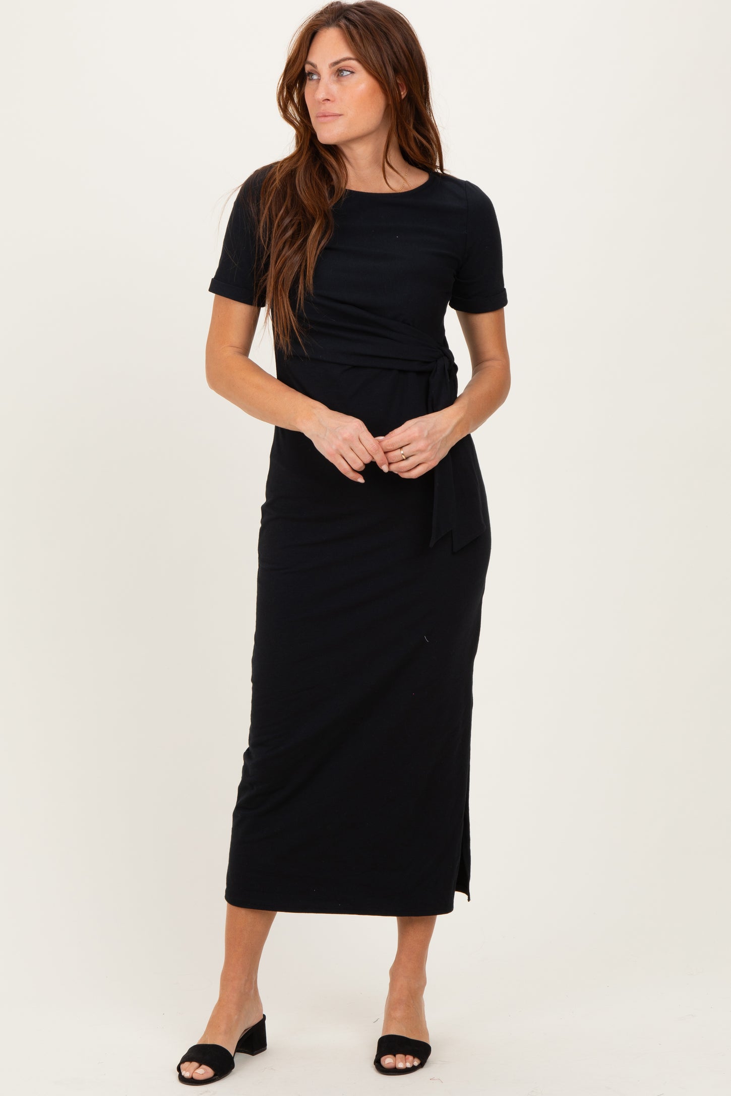 Black Short Sleeve Waist Tie Side Slit Maternity Maxi Dress