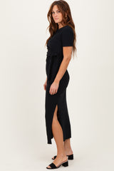 Black Short Sleeve Waist Tie Side Slit Maxi Dress
