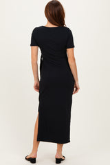 Black Short Sleeve Waist Tie Side Slit Maxi Dress