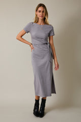 Grey Short Sleeve Waist Tie Side Slit Maternity Maxi Dress
