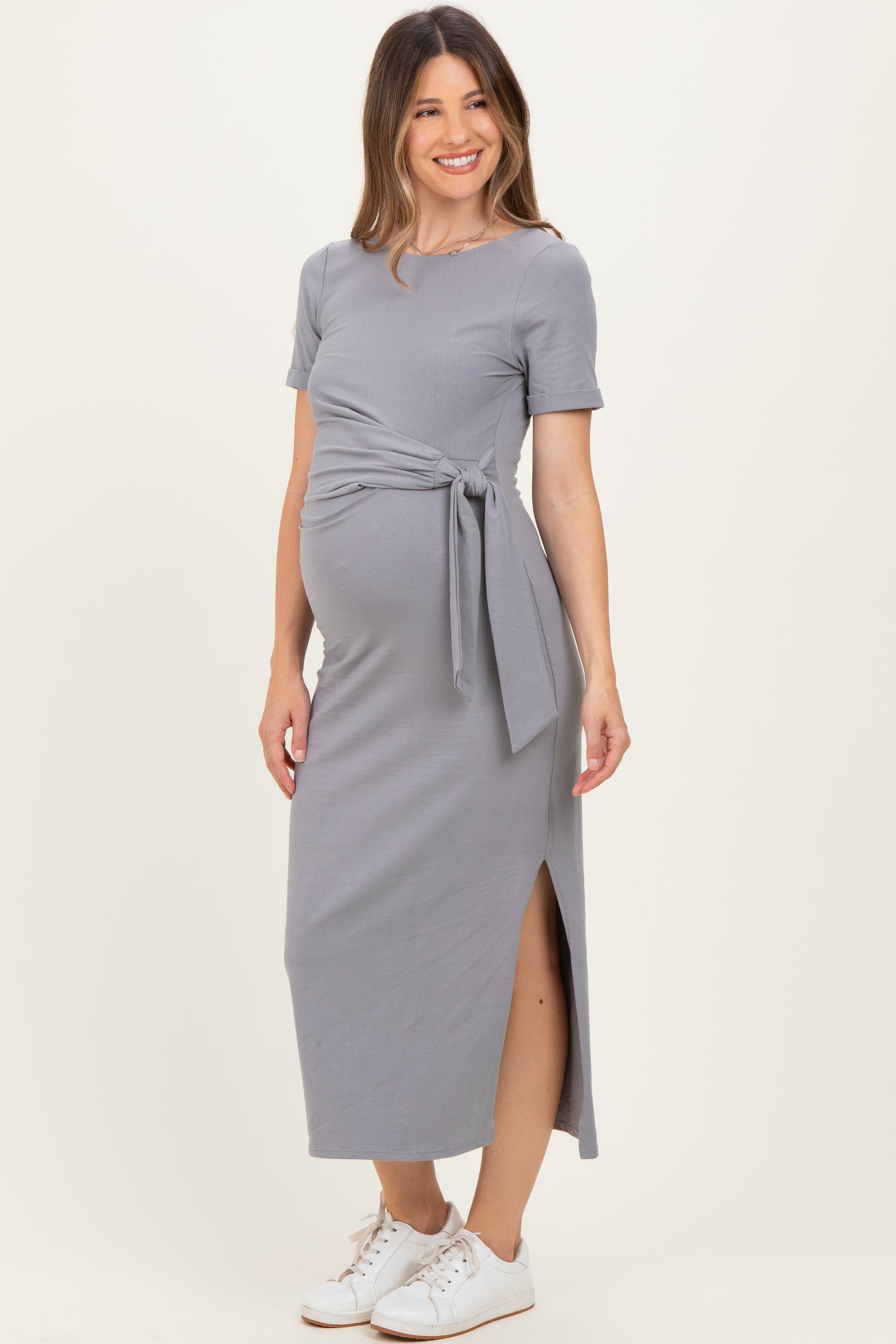 Grey Short Sleeve Waist Tie Side Slit Maternity Maxi Dress