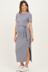 Grey Short Sleeve Waist Tie Side Slit Maternity Maxi Dress