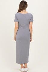 Grey Short Sleeve Waist Tie Side Slit Maternity Maxi Dress