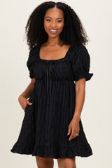 Black Textured Puff Sleeve Maternity Dress