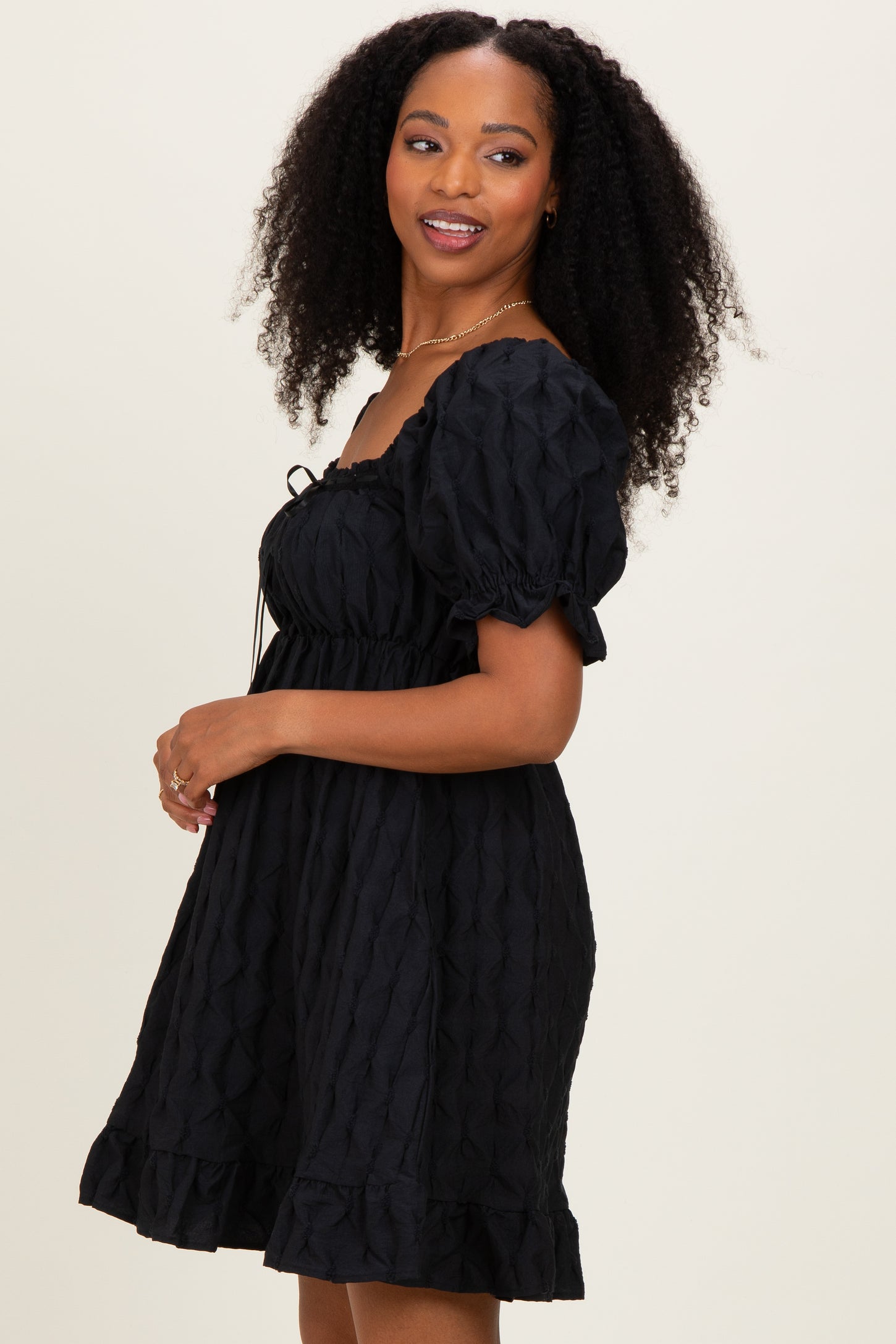Black Textured Puff Sleeve Dress