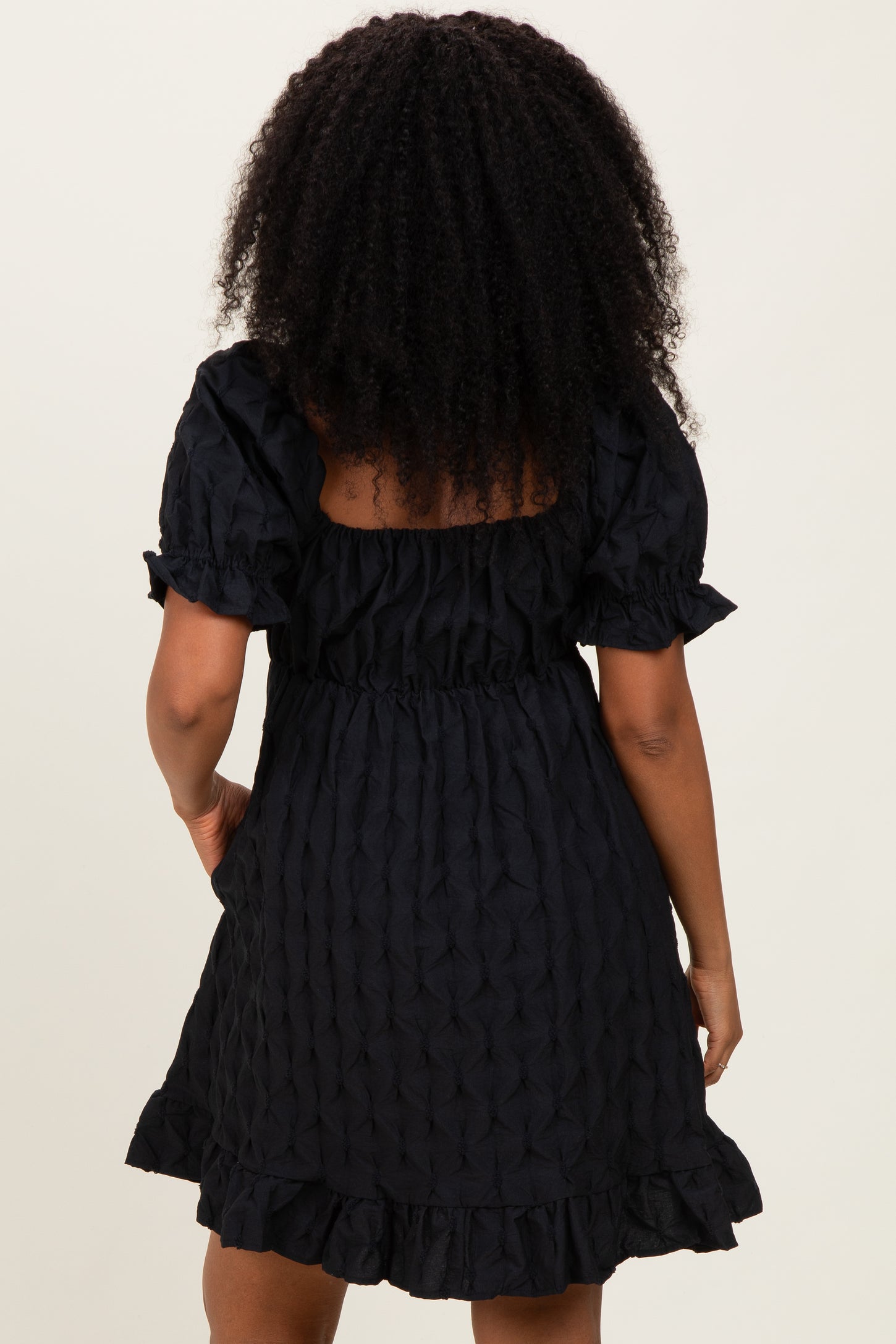 Black Textured Puff Sleeve Dress