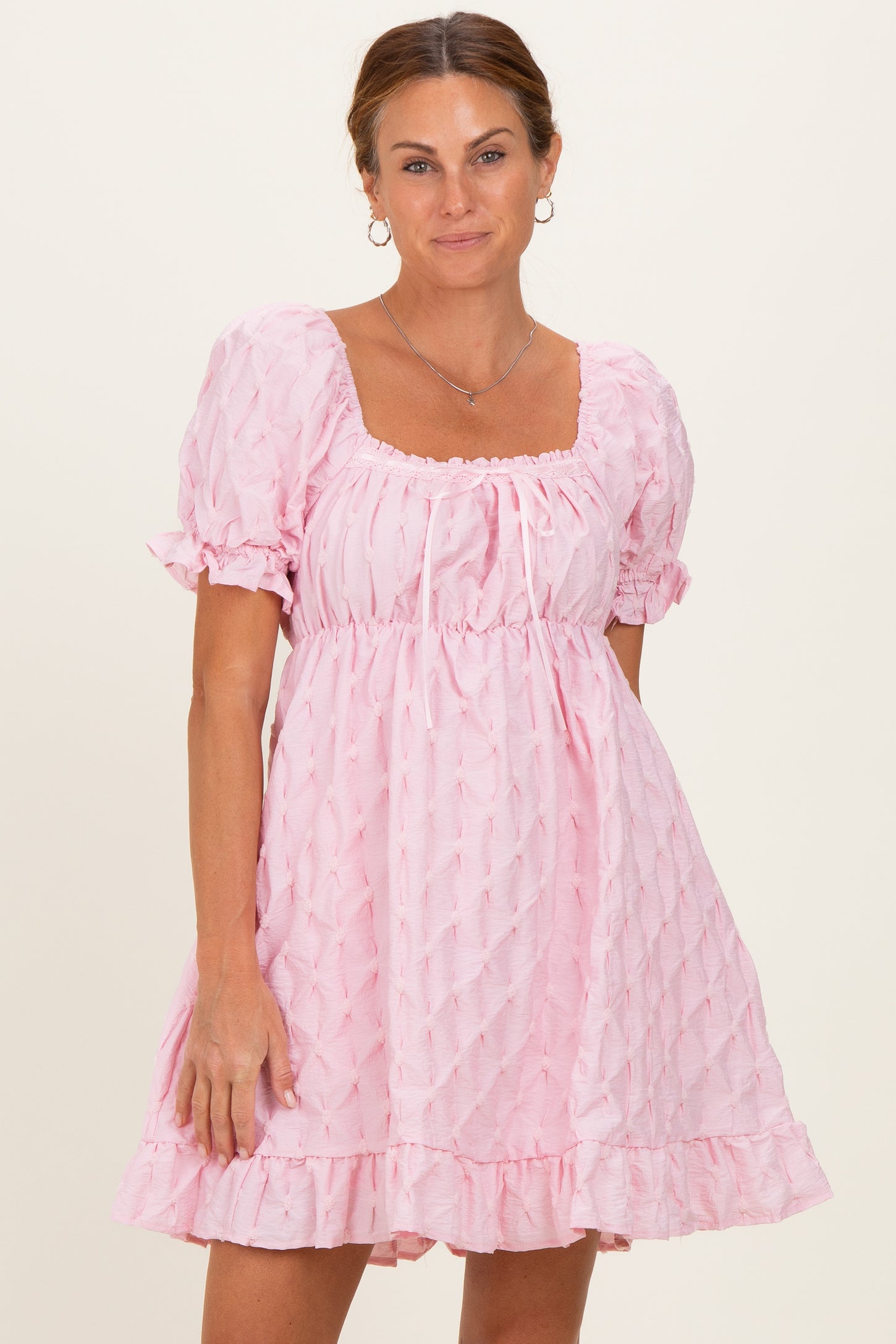 Pink Textured Puff Sleeve Maternity Dress