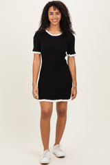 Black Ribbed Knit Ruffle Trim Maternity Mini Dress