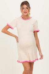 Cream Ribbed Knit Ruffle Trim Maternity Mini Dress