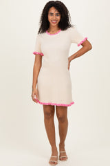 Cream Ribbed Knit Ruffle Trim Mini Dress