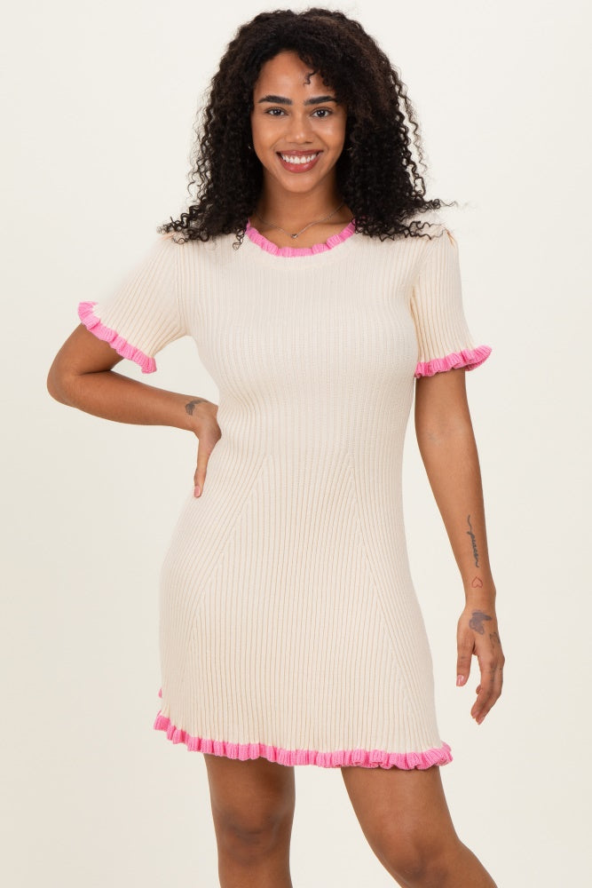 Cream Ribbed Knit Ruffle Trim Mini Dress