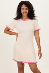 Cream Ribbed Knit Ruffle Trim Mini Dress