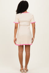 Cream Ribbed Knit Ruffle Trim Mini Dress