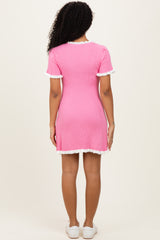 Pink Ribbed Knit Ruffle Trim Mini Dress