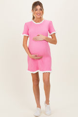 Pink Ribbed Knit Ruffle Trim Maternity Mini Dress