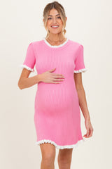 Pink Ribbed Knit Ruffle Trim Maternity Mini Dress