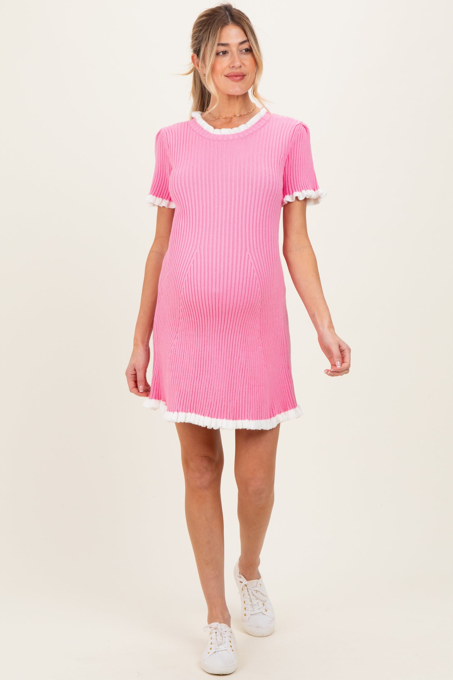 Pink Ribbed Knit Ruffle Trim Maternity Mini Dress
