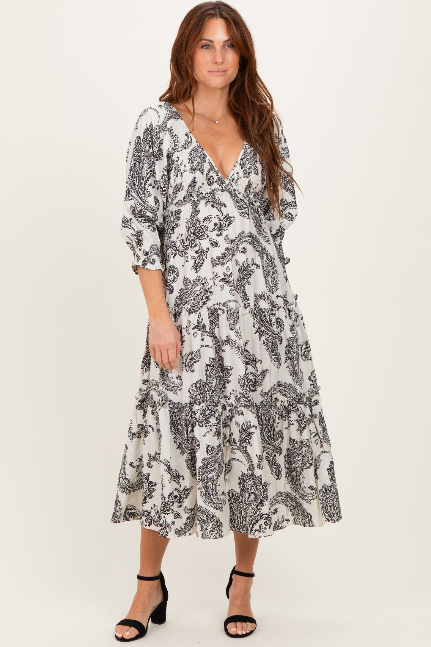 Black Damask Smocked Ruffle Tier Midi Dresses