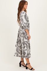 Black Damask Smocked Ruffle Tier Midi Dresses