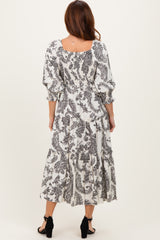 Black Damask Smocked Ruffle Tier Midi Dresses