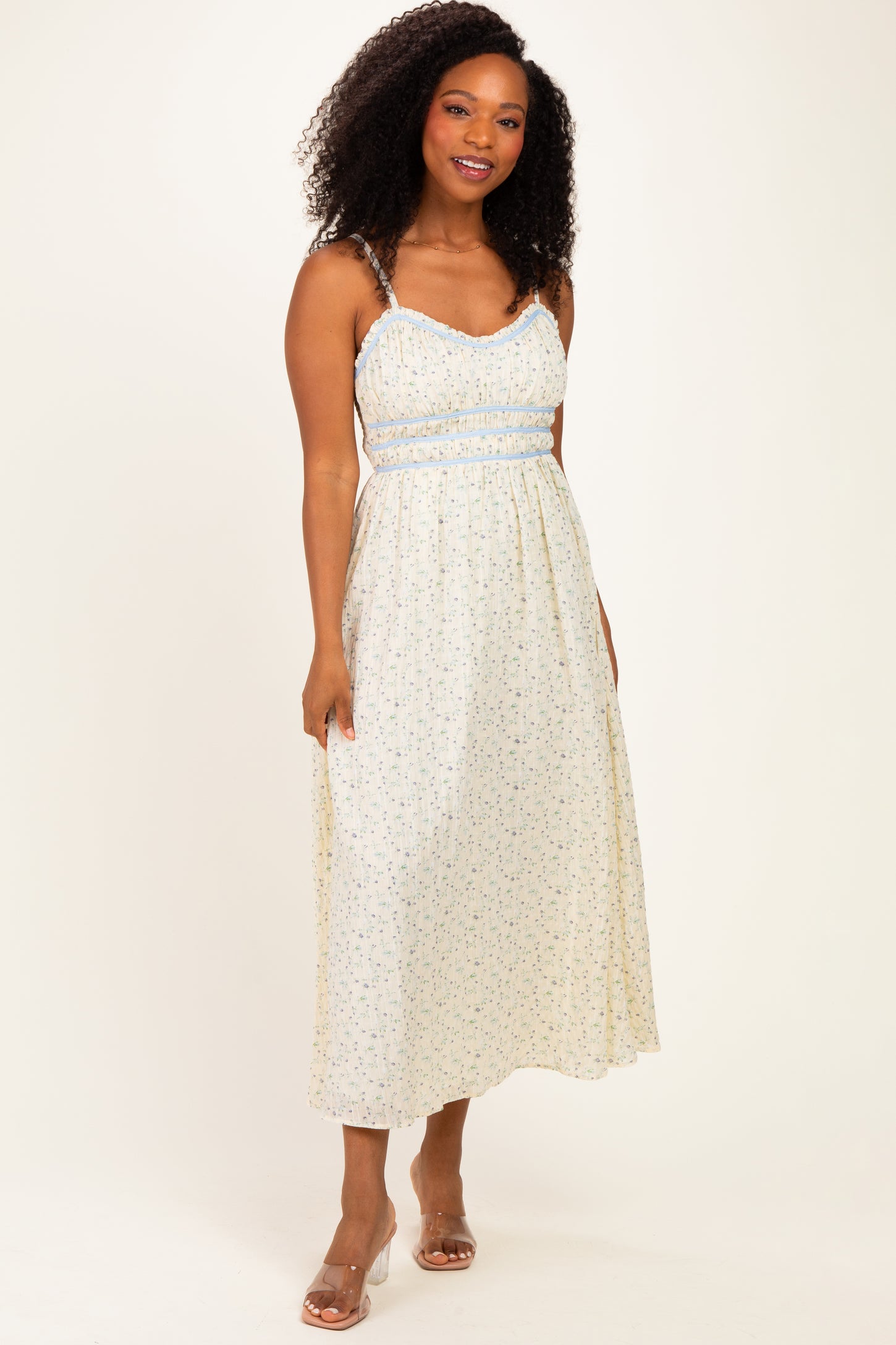 Cream Floral Contrast Trim Sleeveless Maternity Maxi Dress