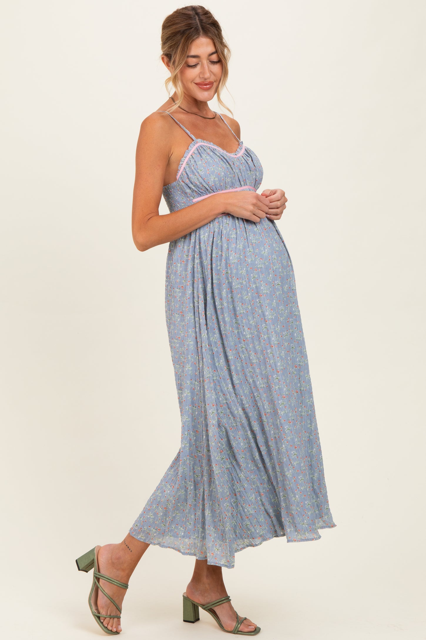 Light Blue Floral Contrast Trim Sleeveless Maternity Maxi Dress