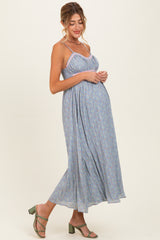 Light Blue Floral Contrast Trim Sleeveless Maternity Maxi Dress