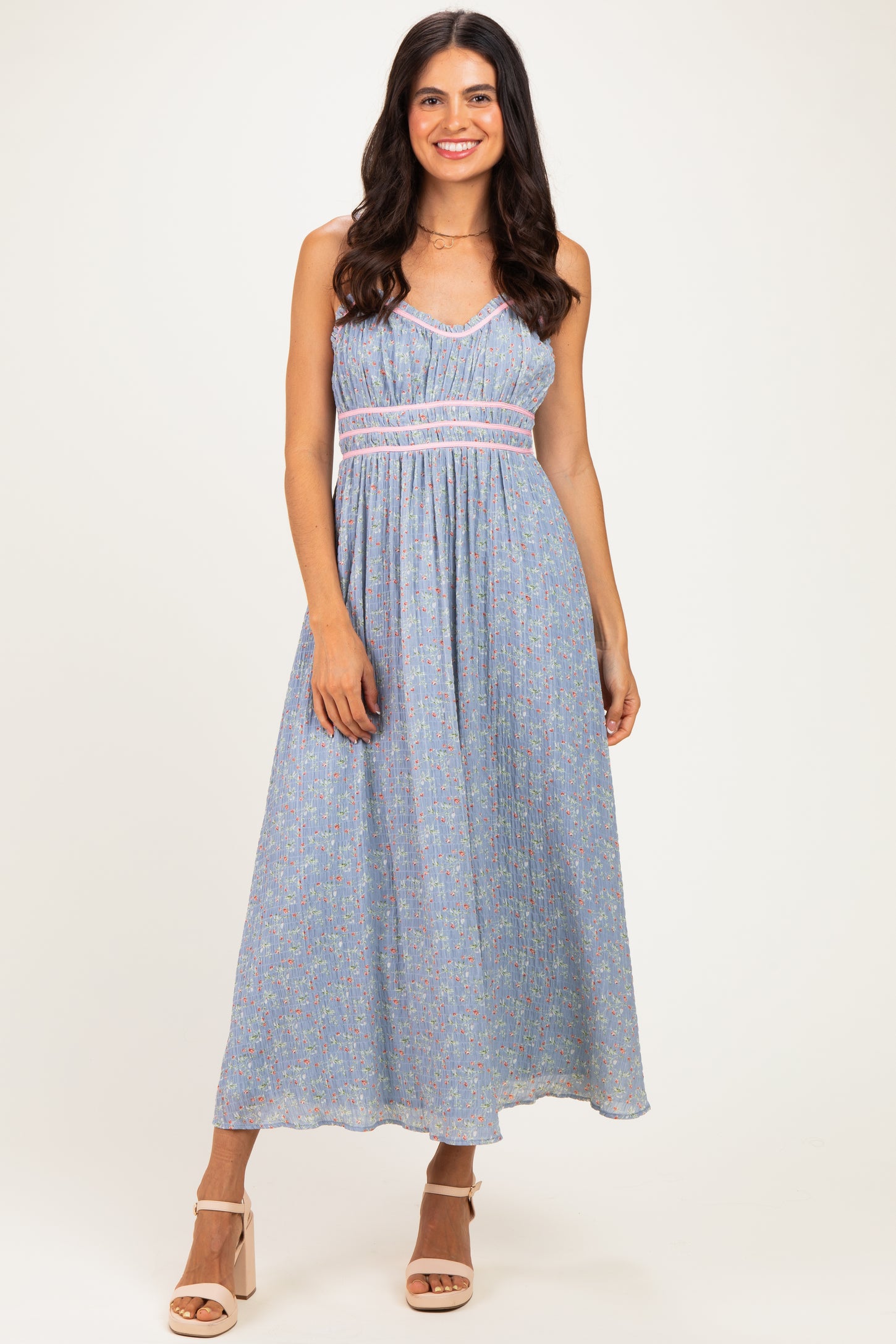Light Blue Floral Contrast Trim Sleeveless Maternity Maxi Dress