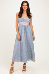 Light Blue Floral Contrast Trim Sleeveless Maternity Maxi Dress