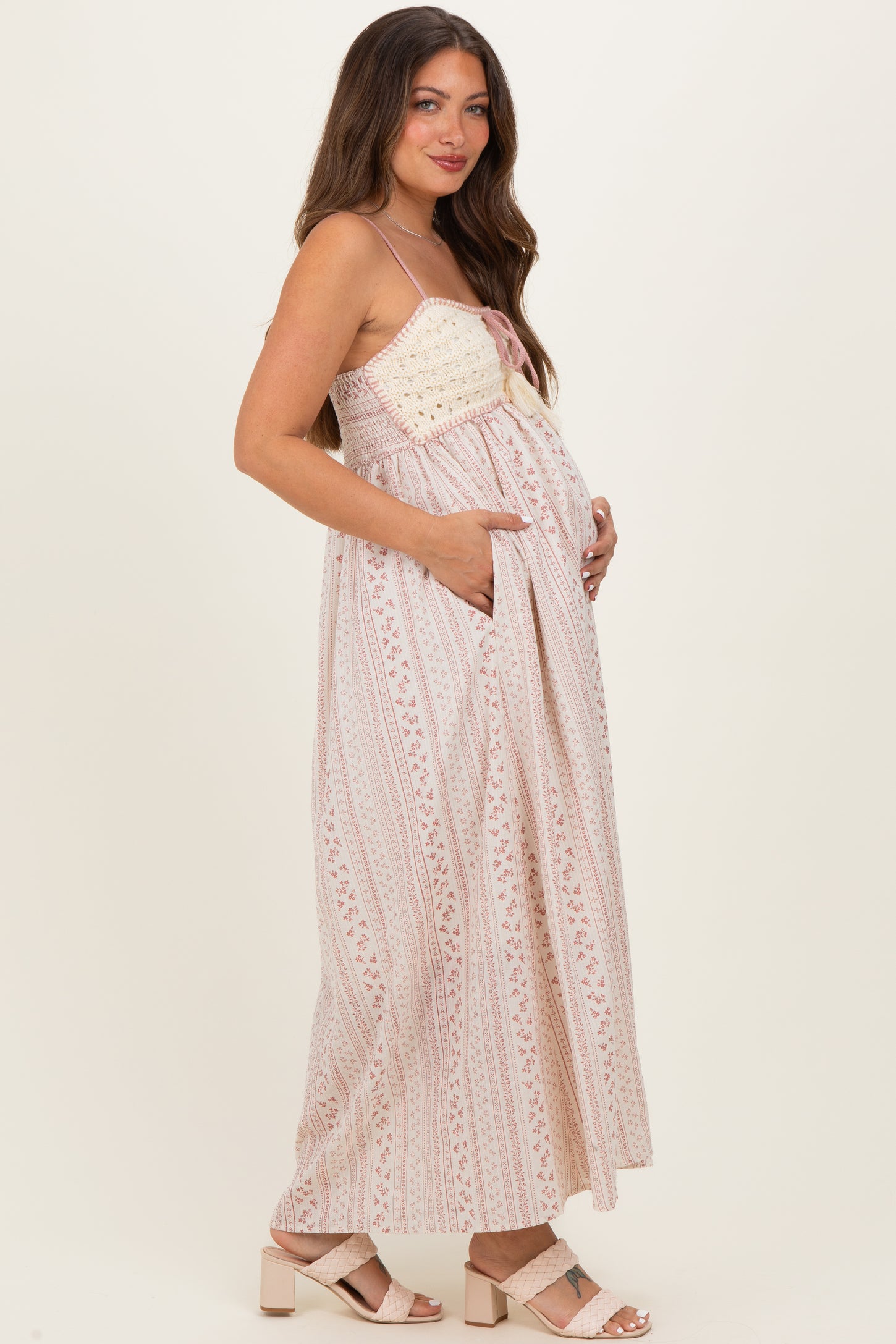 Dusty Pink Bohemian Dream Crochet Cotton Maternity Maxi Dress