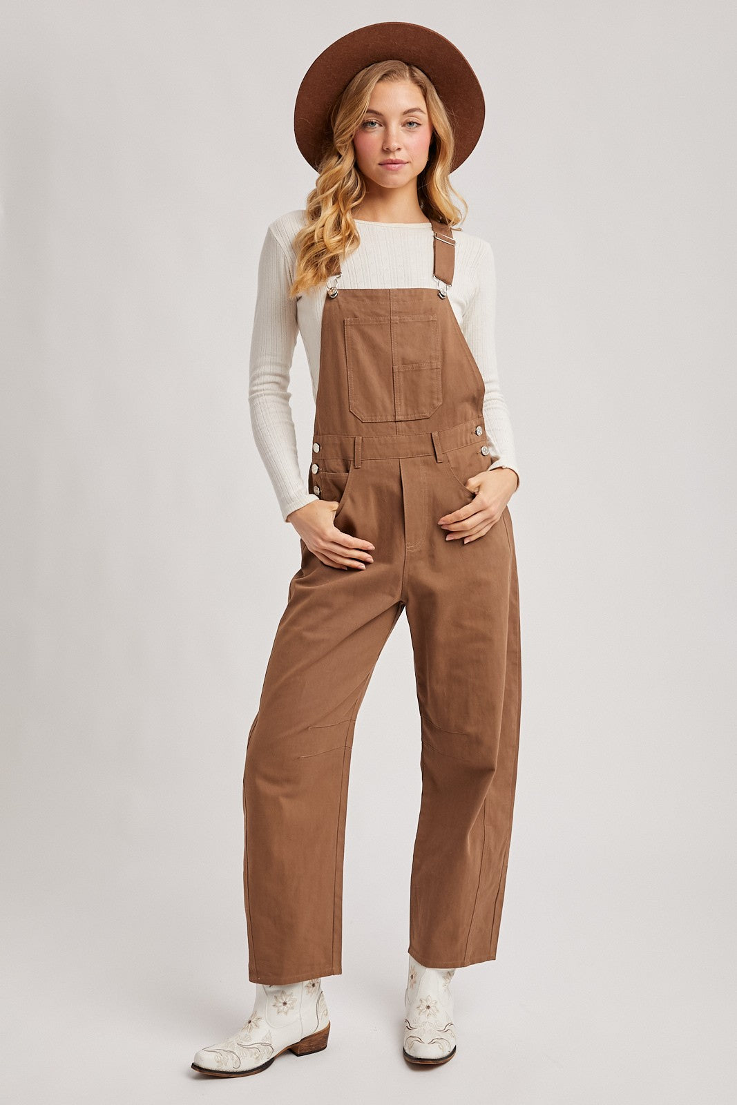 Mocha Barrel Leg Maternity Overalls