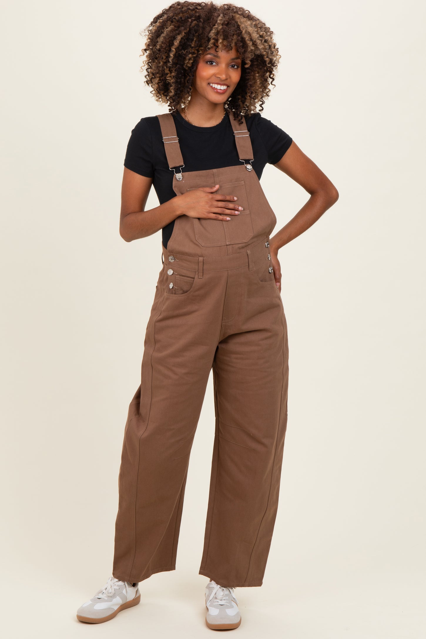 Mocha Barrel Leg Maternity Overalls
