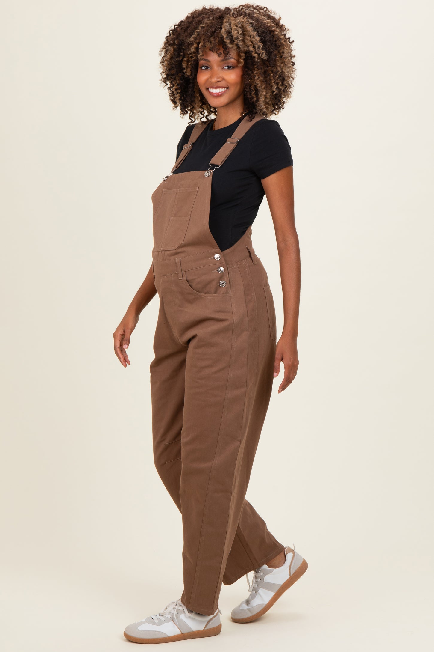 Mocha Barrel Leg Maternity Overalls