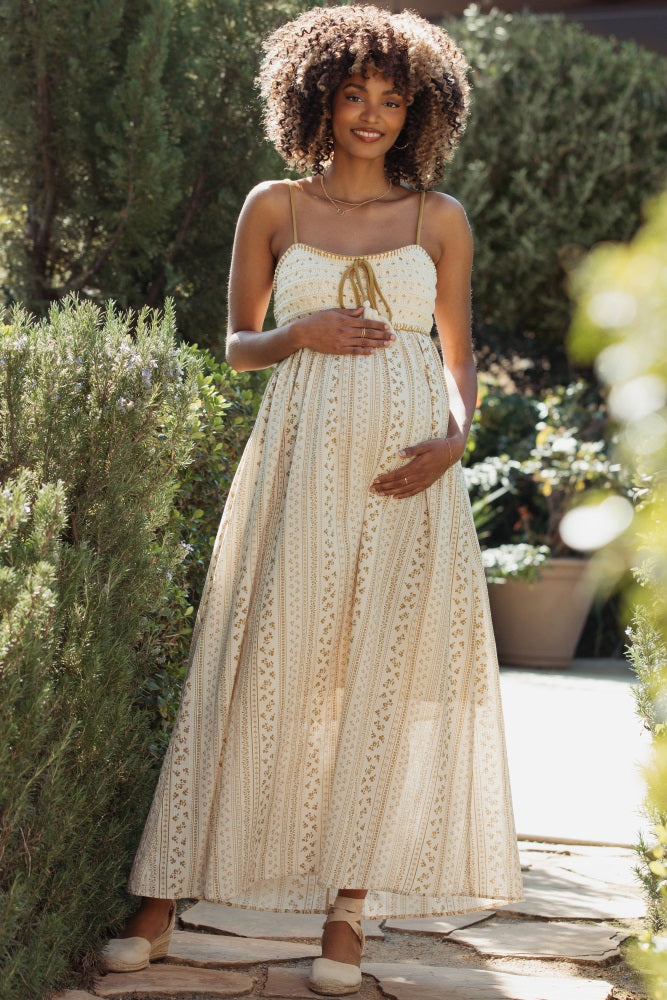 Gold Bohemian Dream Crochet Cotton Maternity Maxi Dress