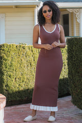 Brown Knit V-Neck Contrast Ruffle Hem Maternity Maxi Dress