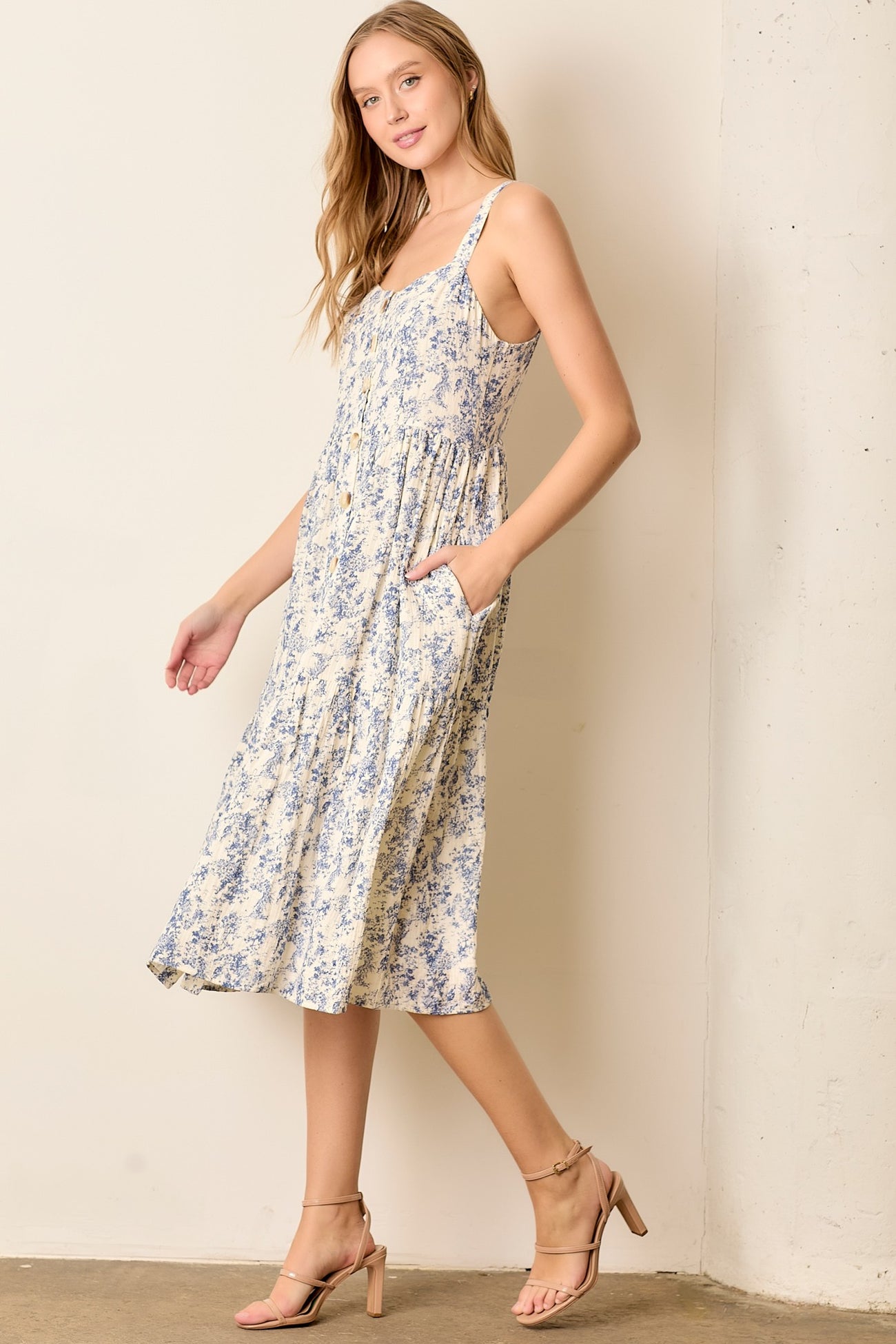 Blue Floral Button Down Tiered Dress