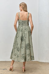 Light Olive Floral Sleeveless Midi Dress