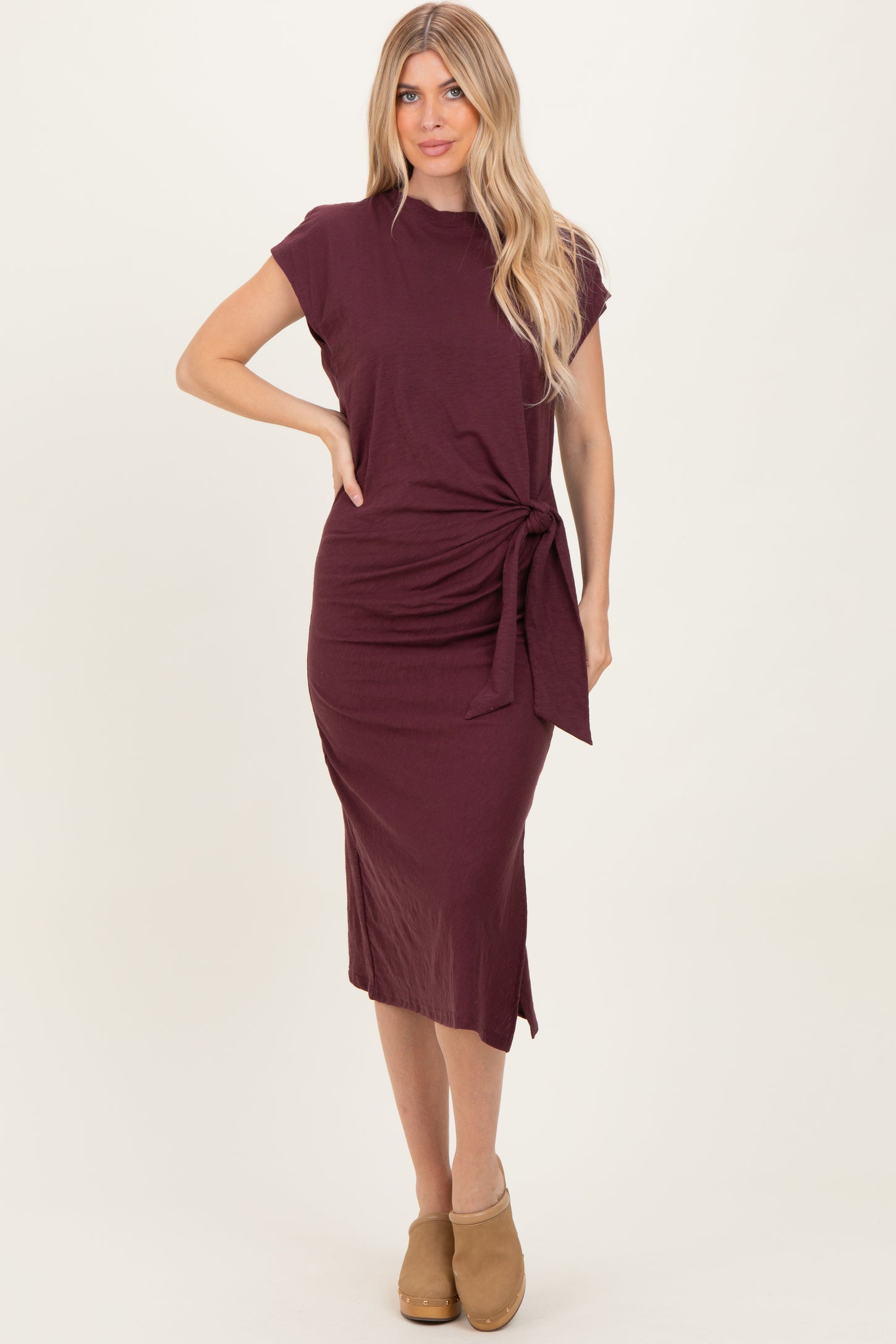 Maroon Side Tie Side Slit Maternity Midi Dress