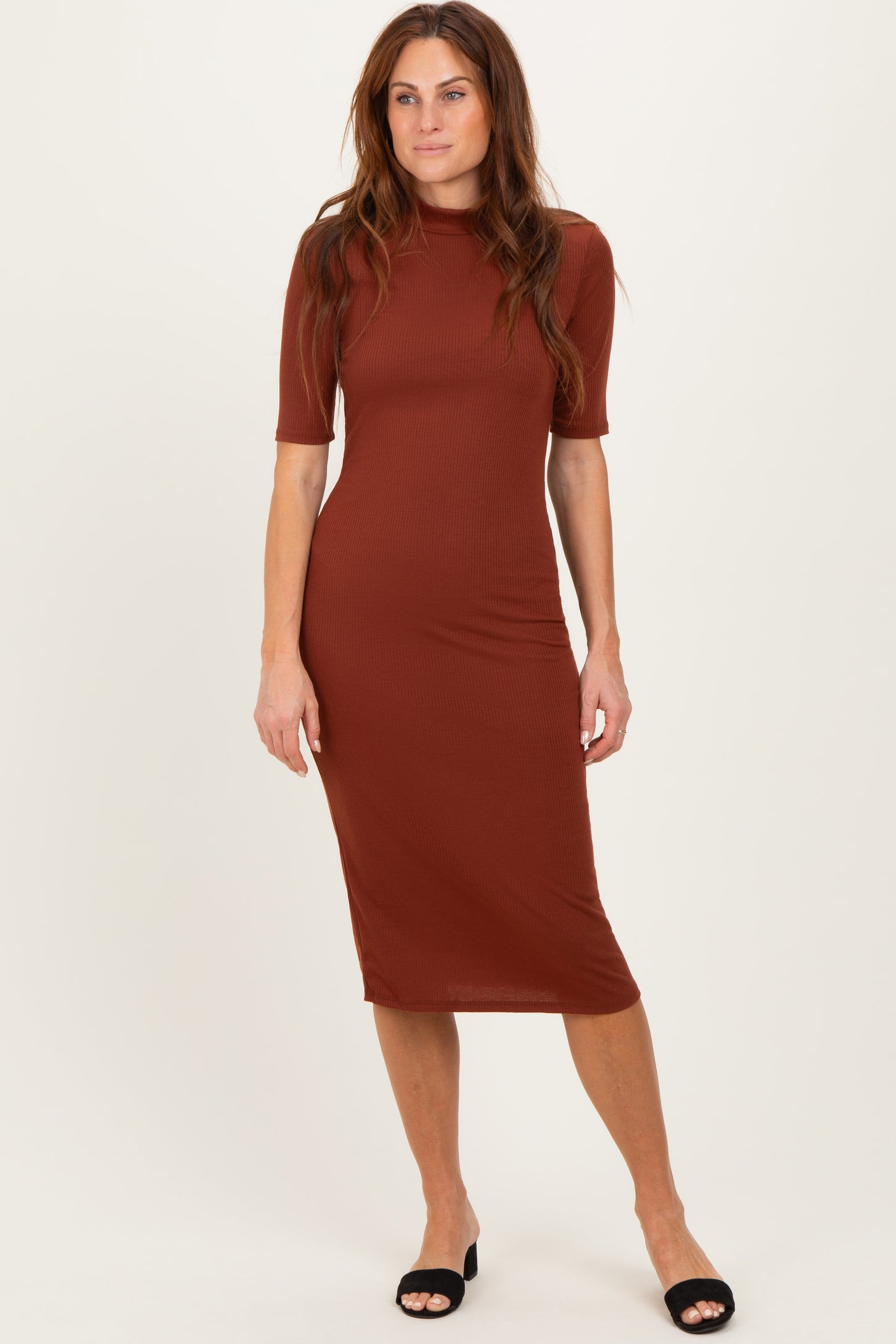 Maroon Ribbed Mock Neck Midi Dress