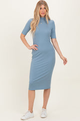 Dusty Blue Ribbed Mock Neck Maternity Midi Dress