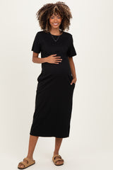 Black Cotton T-Shirt Maternity Midi Dress